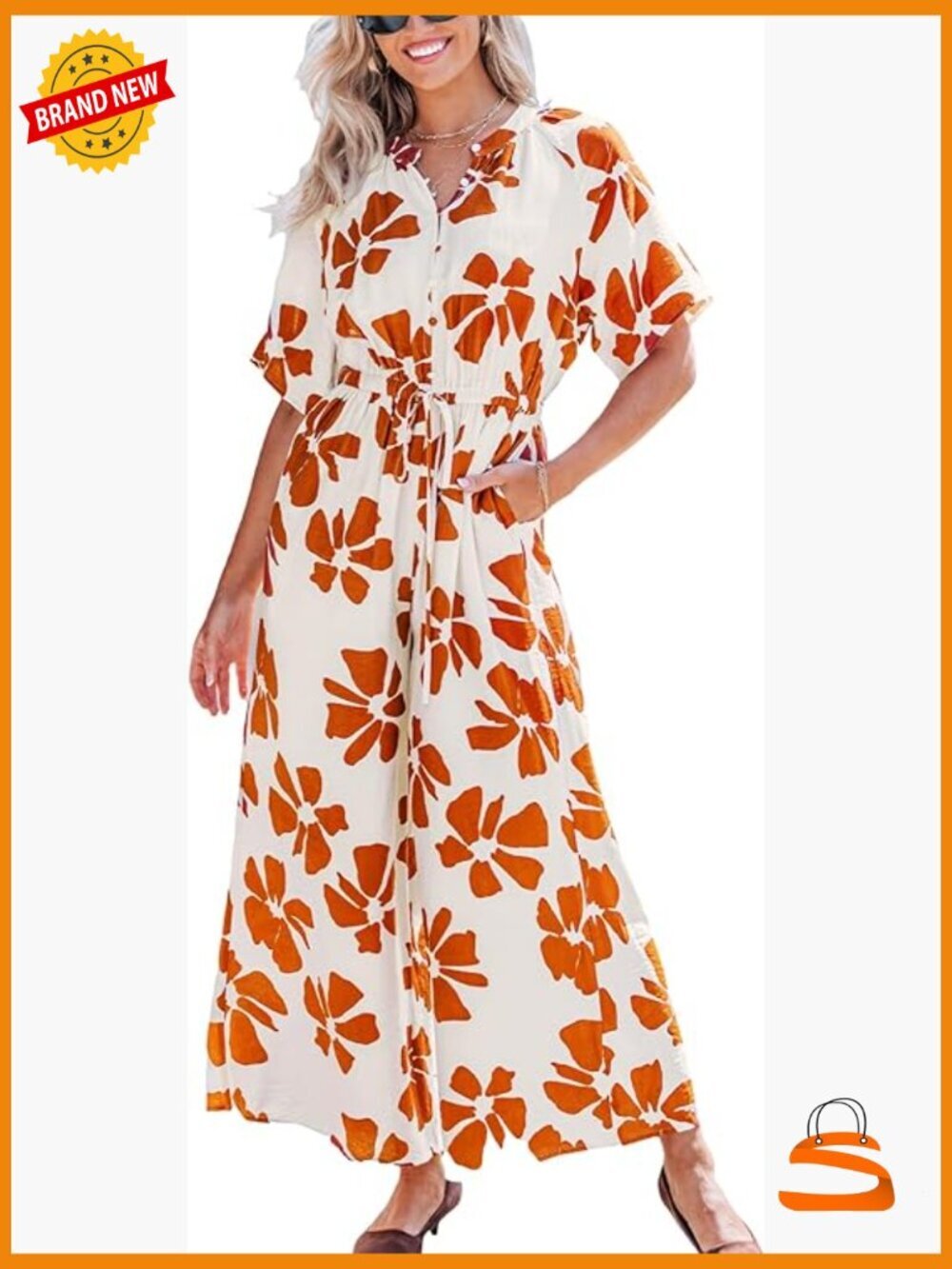 Floral Print Button Down V-Neck Romper Jumpsuit Short Sleeve Wide Leg Vacation